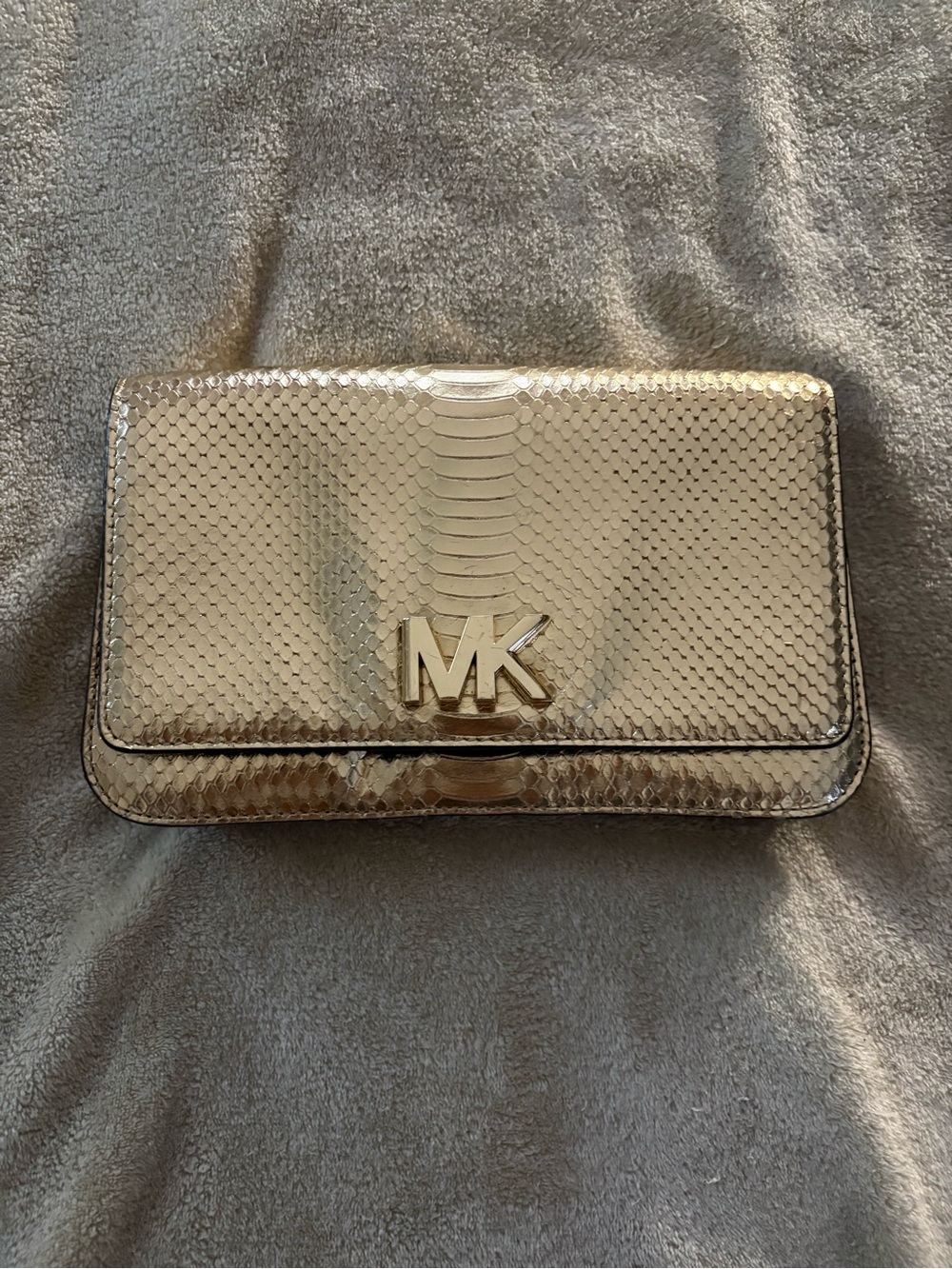 MICHAEL Michael Kors Metallic Gold Snake-Embossed MK Clutch